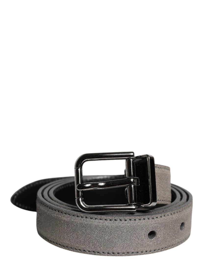 Gray Leather Silver Tone Metal Buckle Belt