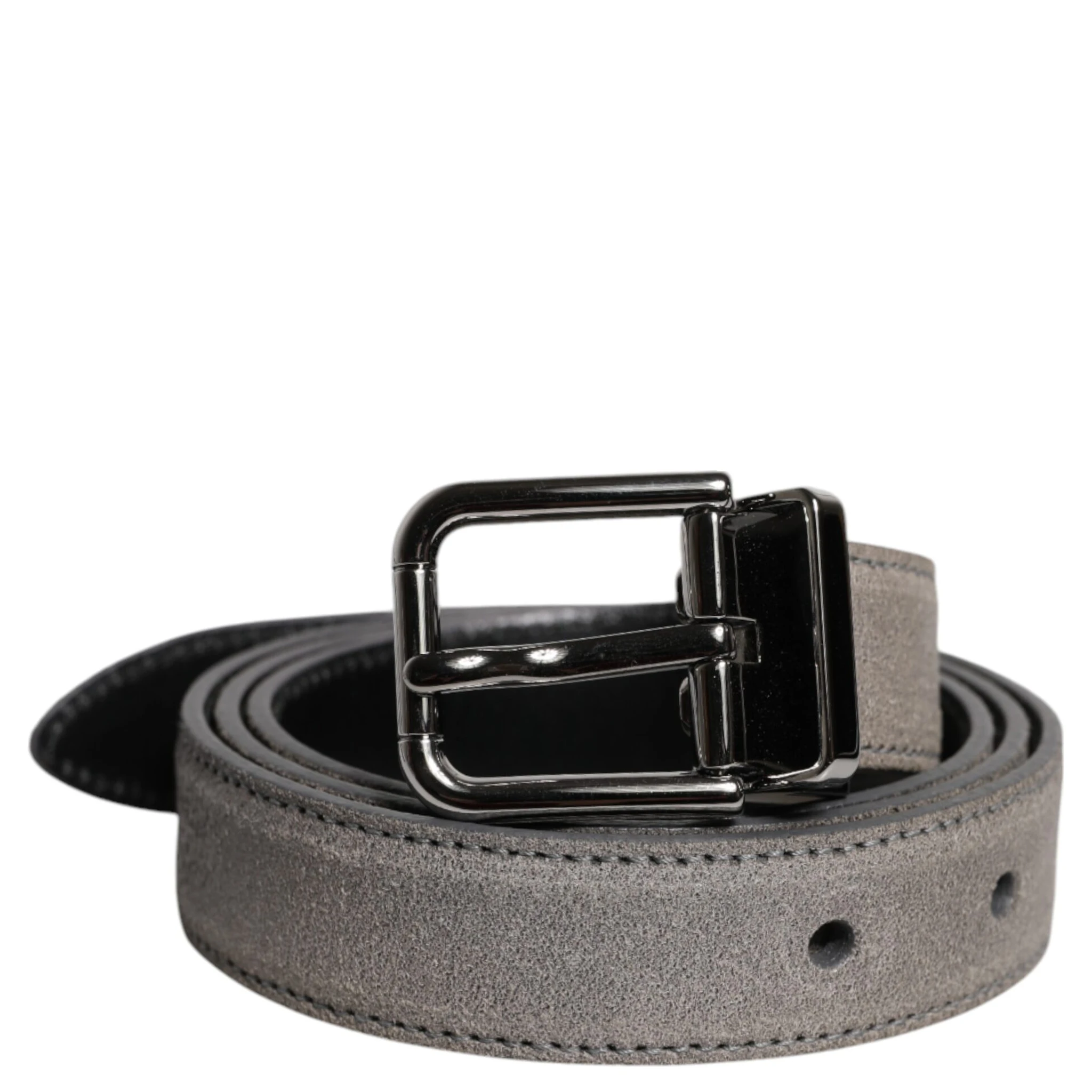 Gray Leather Silver Tone Metal Buckle Belt