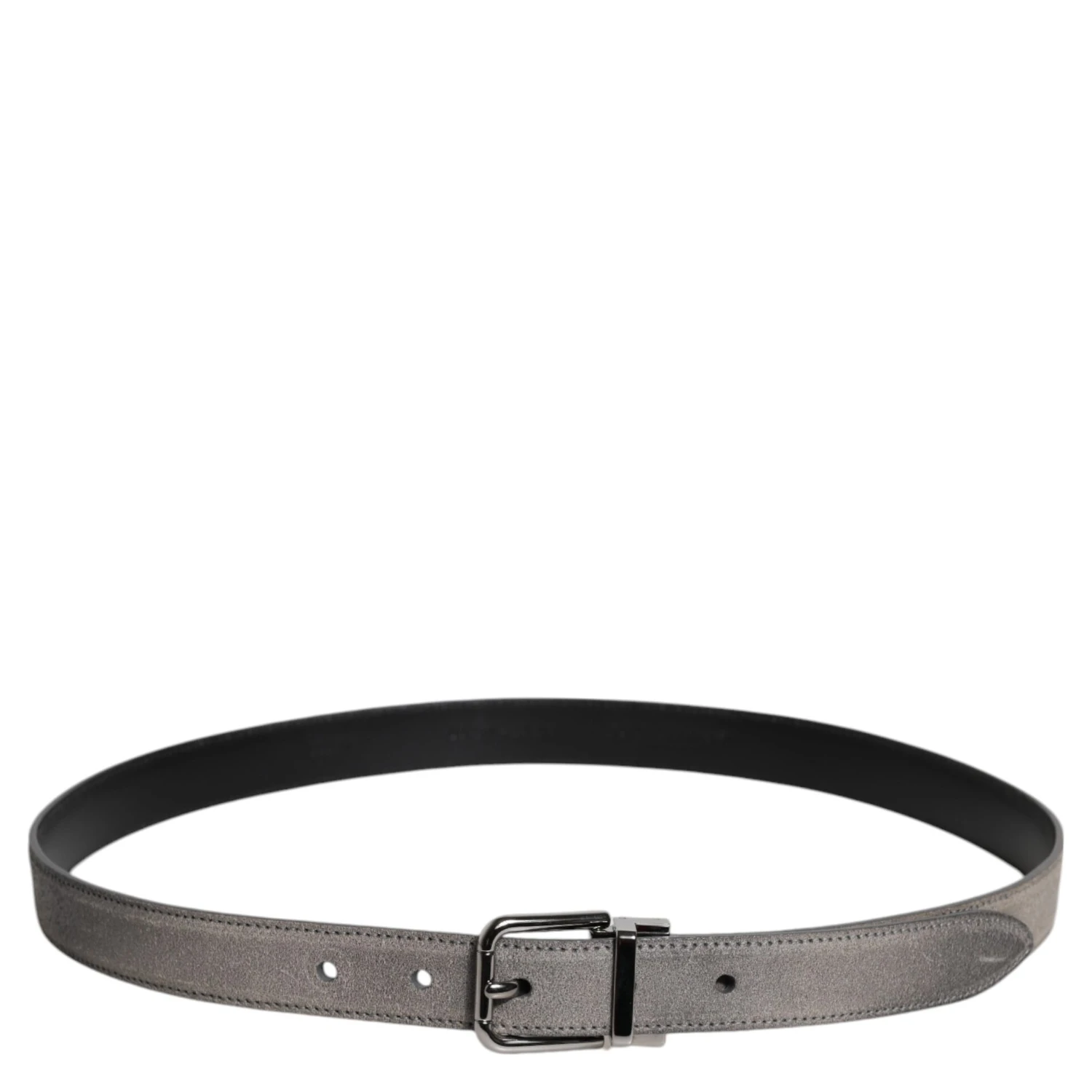 Gray Leather Silver Tone Metal Buckle Belt