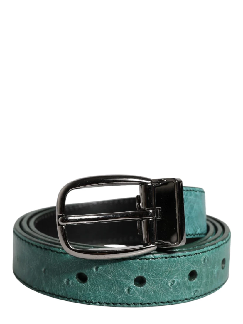 Green Leather Silver Tone Metal Buckle Belt