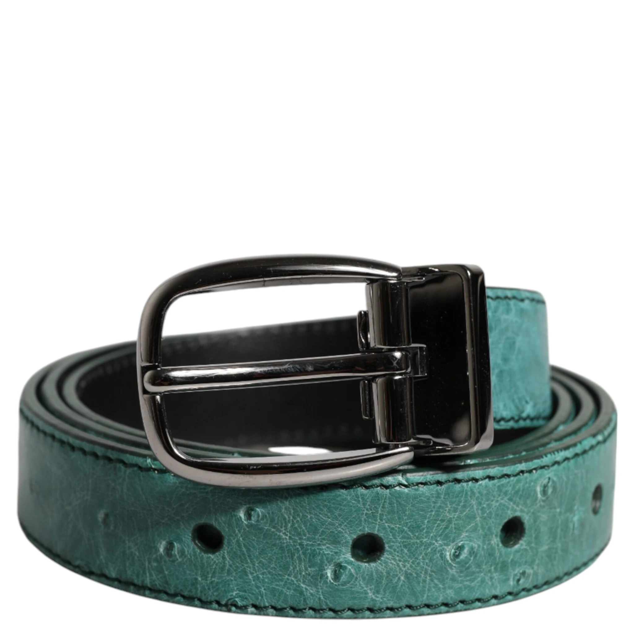 Green Leather Silver Tone Metal Buckle Belt