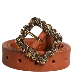 Brown Leather Gold Metal Baroque Buckle Belt