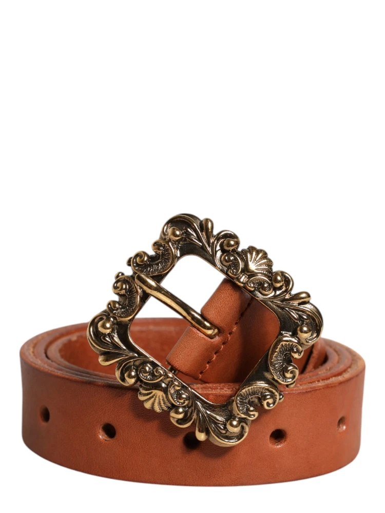 Brown Leather Gold Metal Baroque Buckle Belt