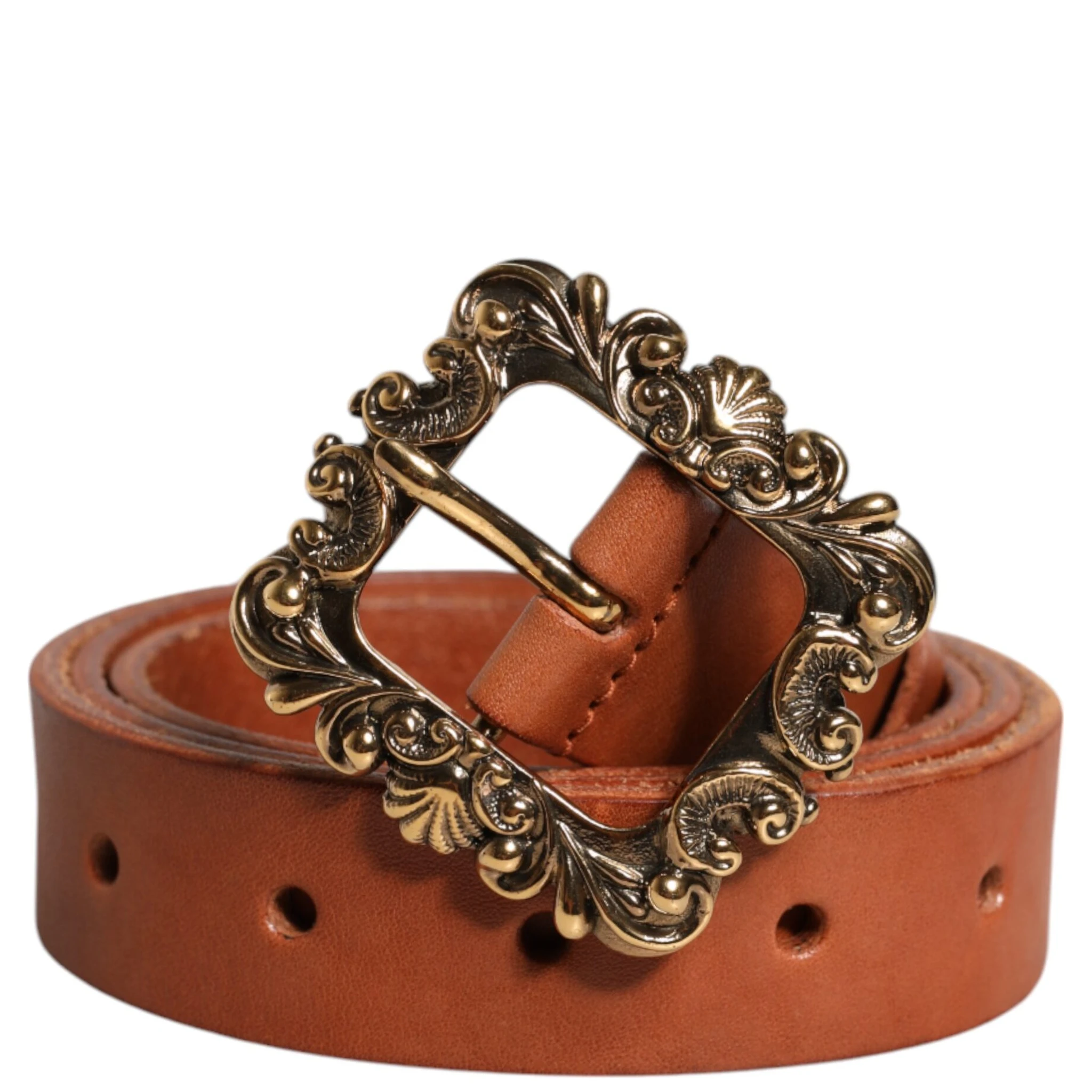 Brown Leather Gold Metal Baroque Buckle Belt