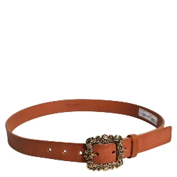 Brown Leather Gold Metal Baroque Buckle Belt