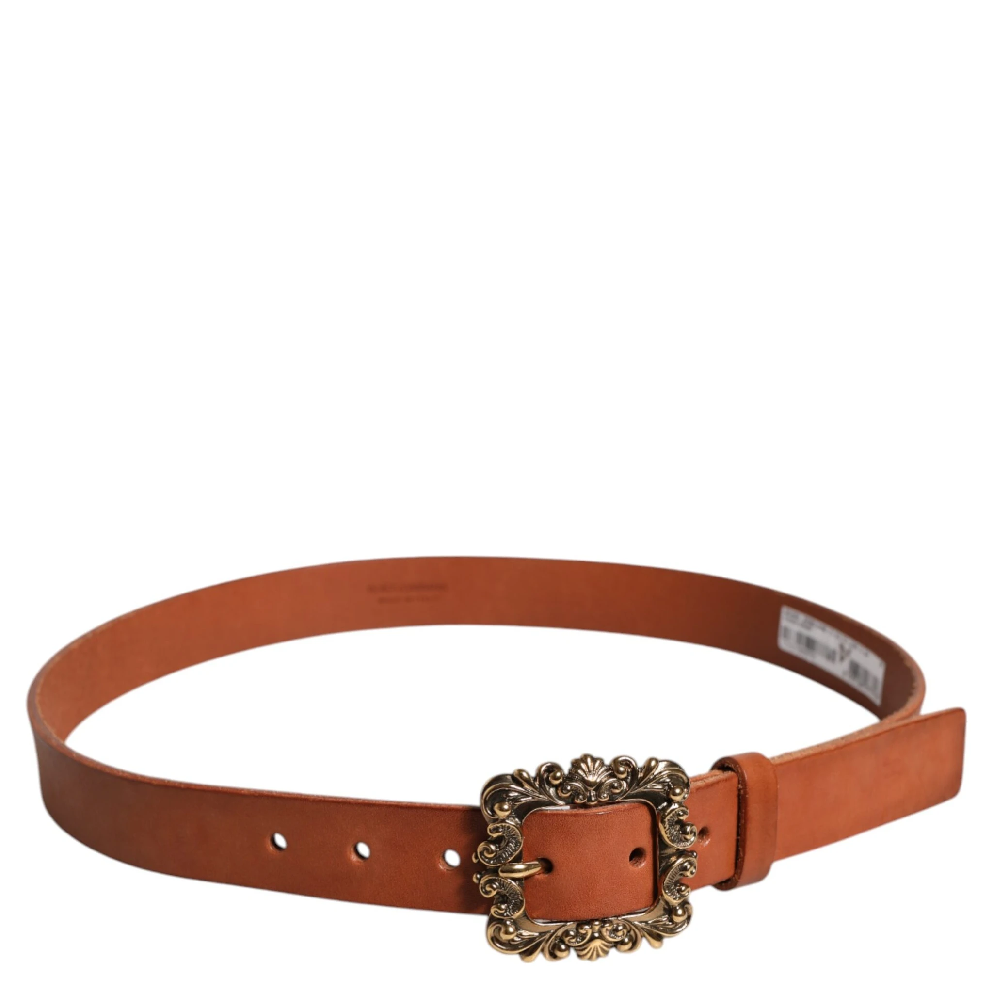 Brown Leather Gold Metal Baroque Buckle Belt