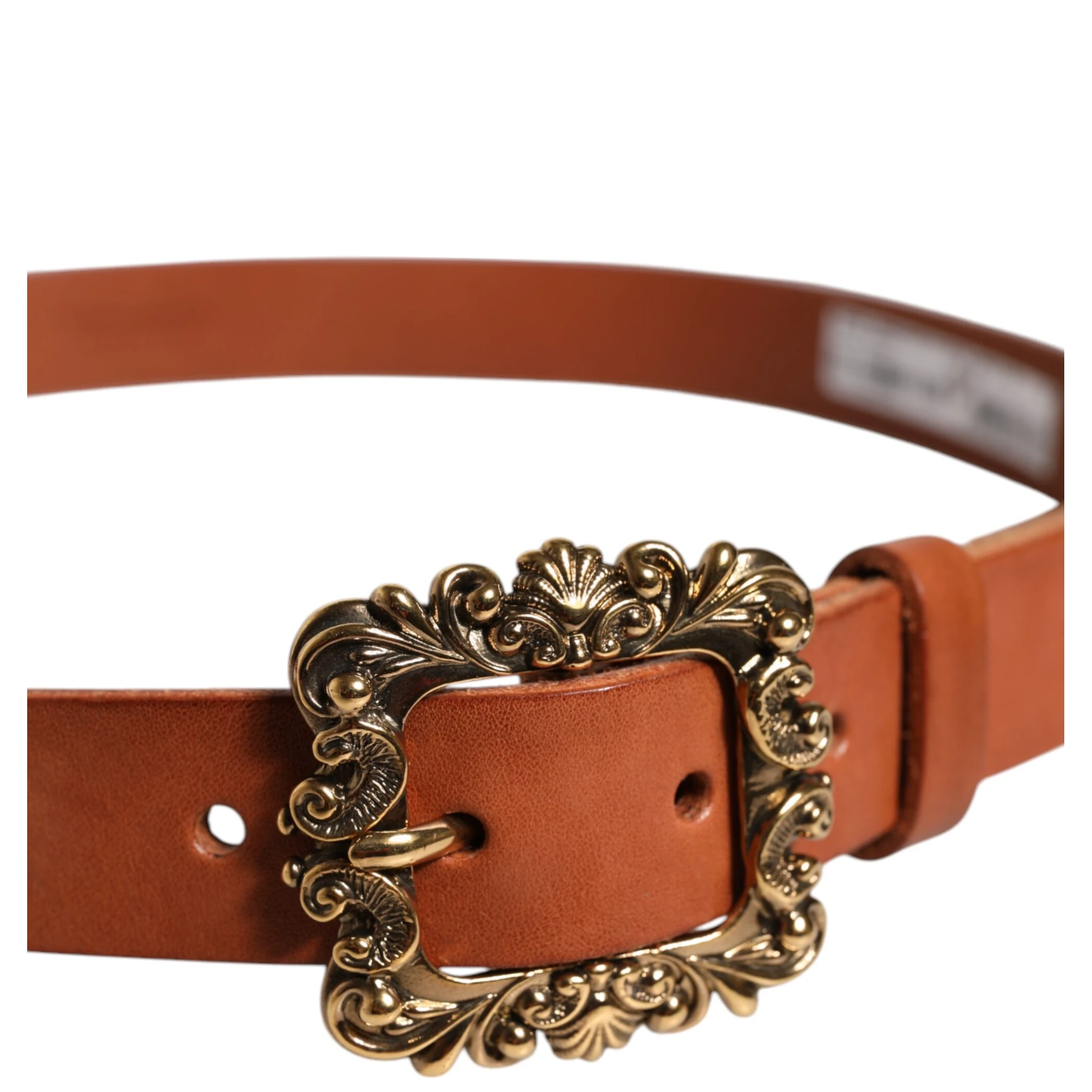 Brown Leather Gold Metal Baroque Buckle Belt