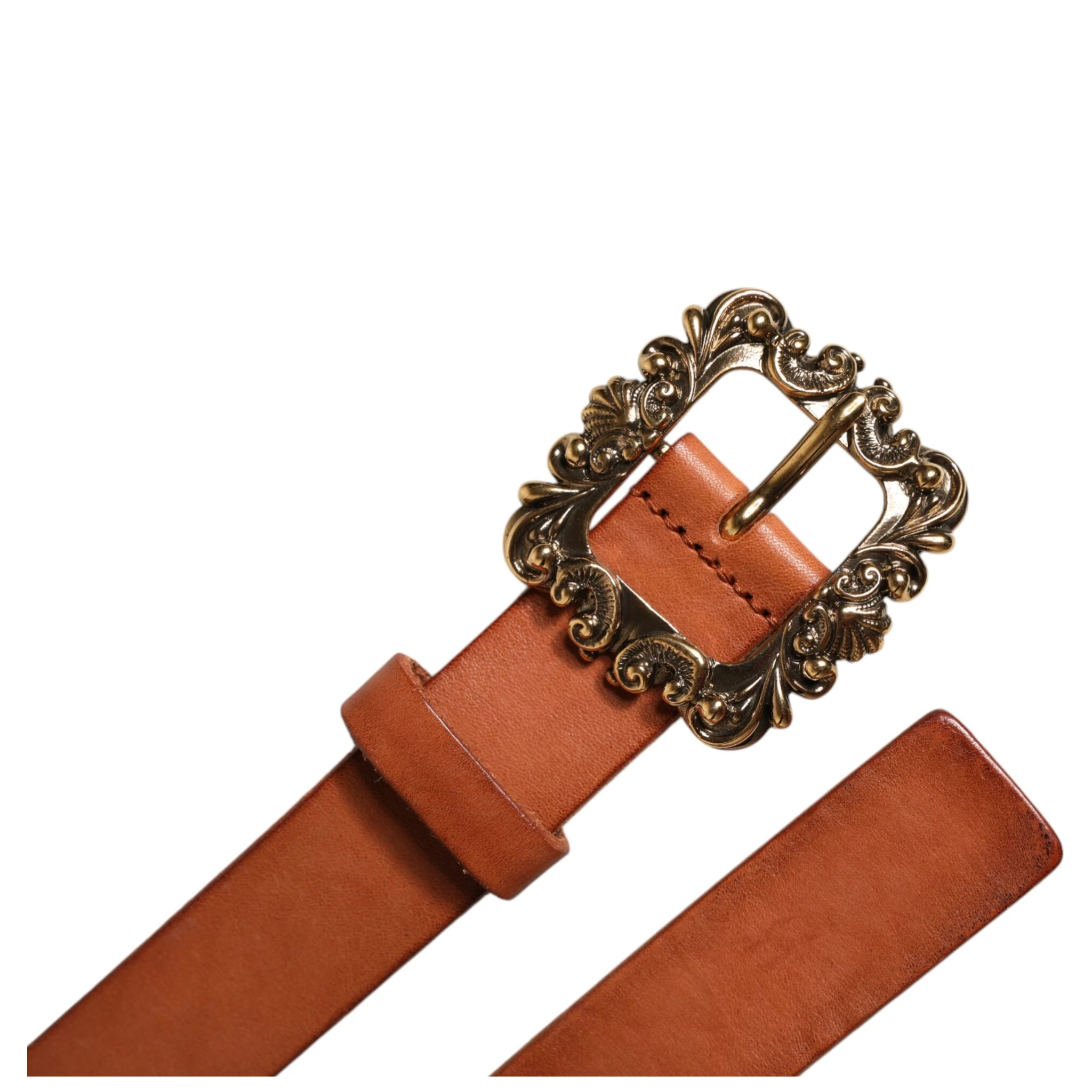 Brown Leather Gold Metal Baroque Buckle Belt