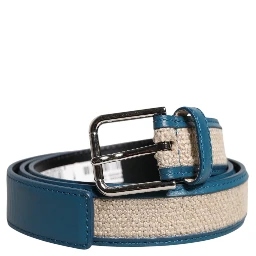 Blue Beige Leather Weaved Metal Buckle Belt