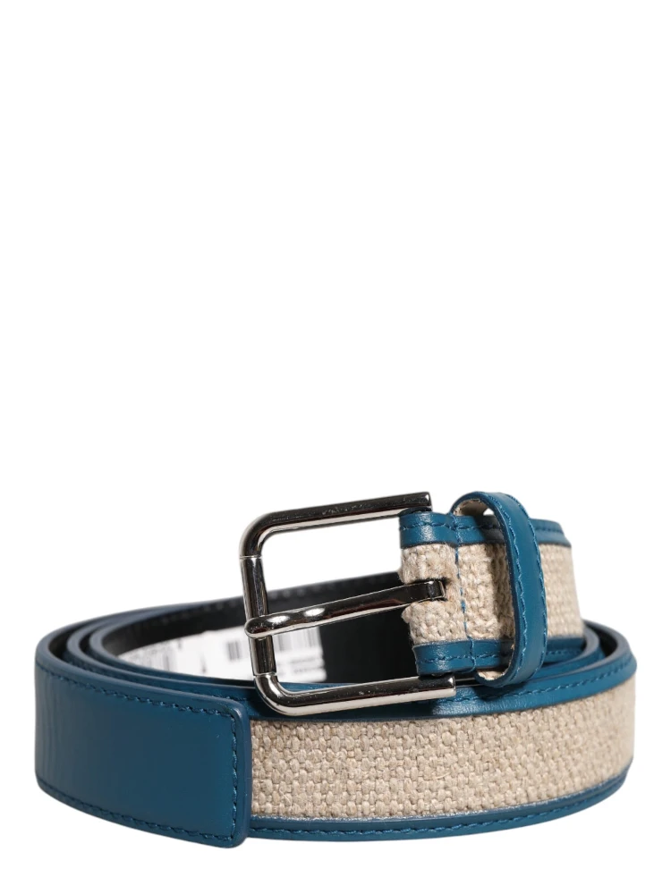 Blue Beige Leather Weaved Metal Buckle Belt