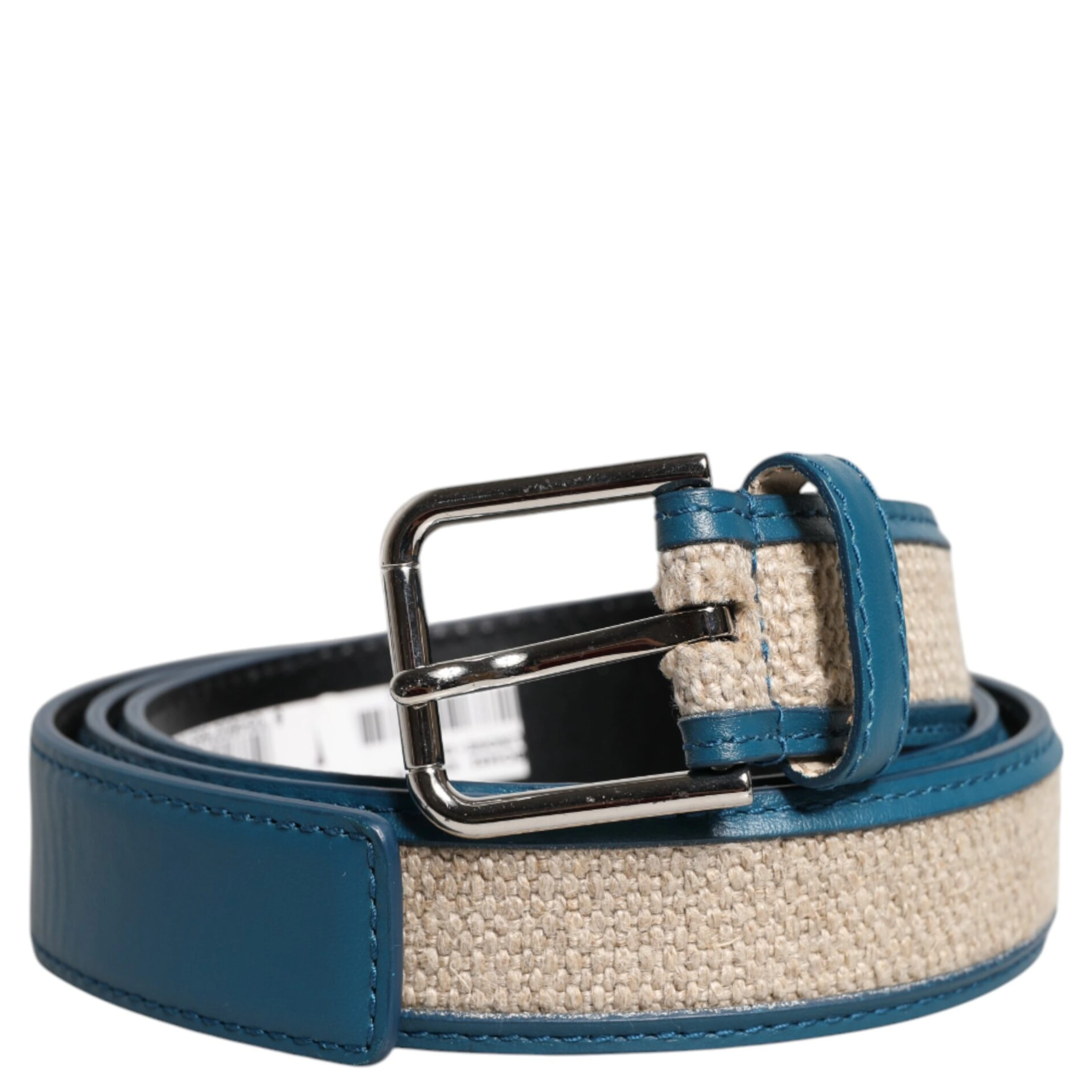 Blue Beige Leather Weaved Metal Buckle Belt