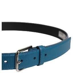 Blue Beige Leather Weaved Metal Buckle Belt