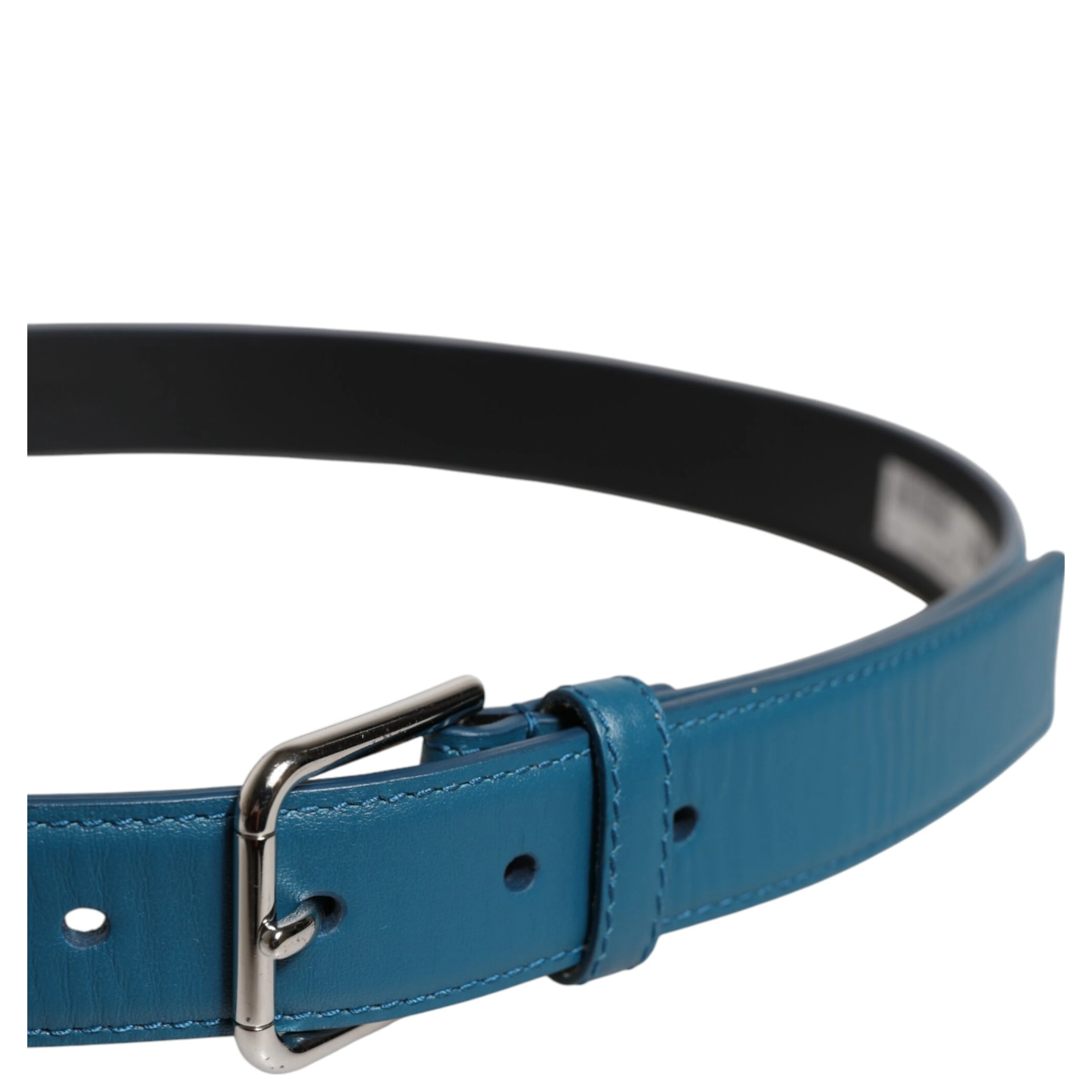 Blue Beige Leather Weaved Metal Buckle Belt
