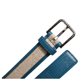 Blue Beige Leather Weaved Metal Buckle Belt
