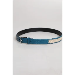 Blue Beige Leather Weaved Metal Buckle Belt