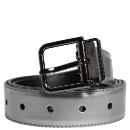 Silver Leather Classic Metal Logo Buckle Belt