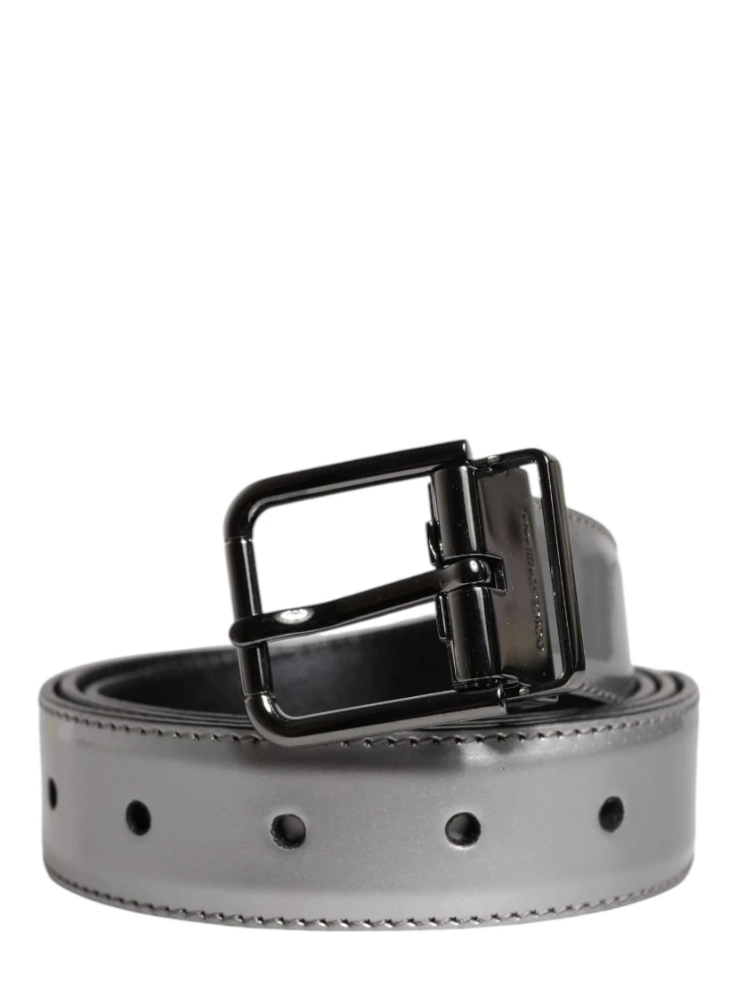 Silver Leather Classic Metal Logo Buckle Belt