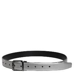 Silver Leather Classic Metal Logo Buckle Belt