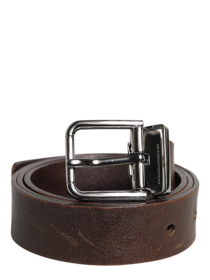Brown Leather Classic Metal Logo Buckle Belt