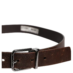 Brown Leather Classic Metal Logo Buckle Belt