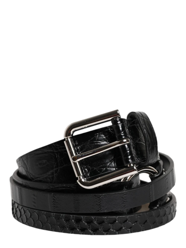 Black Exotic Leather Metal Logo Buckle Belt