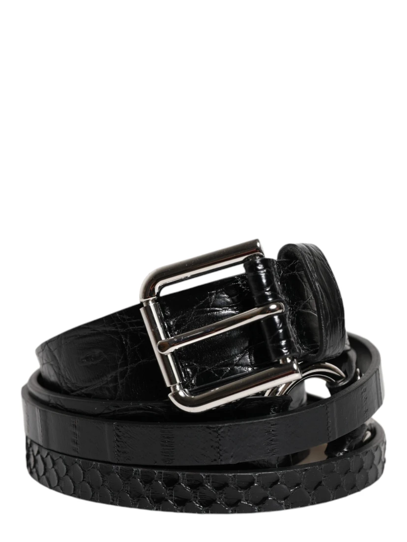 Black Exotic Leather Metal Logo Buckle Belt