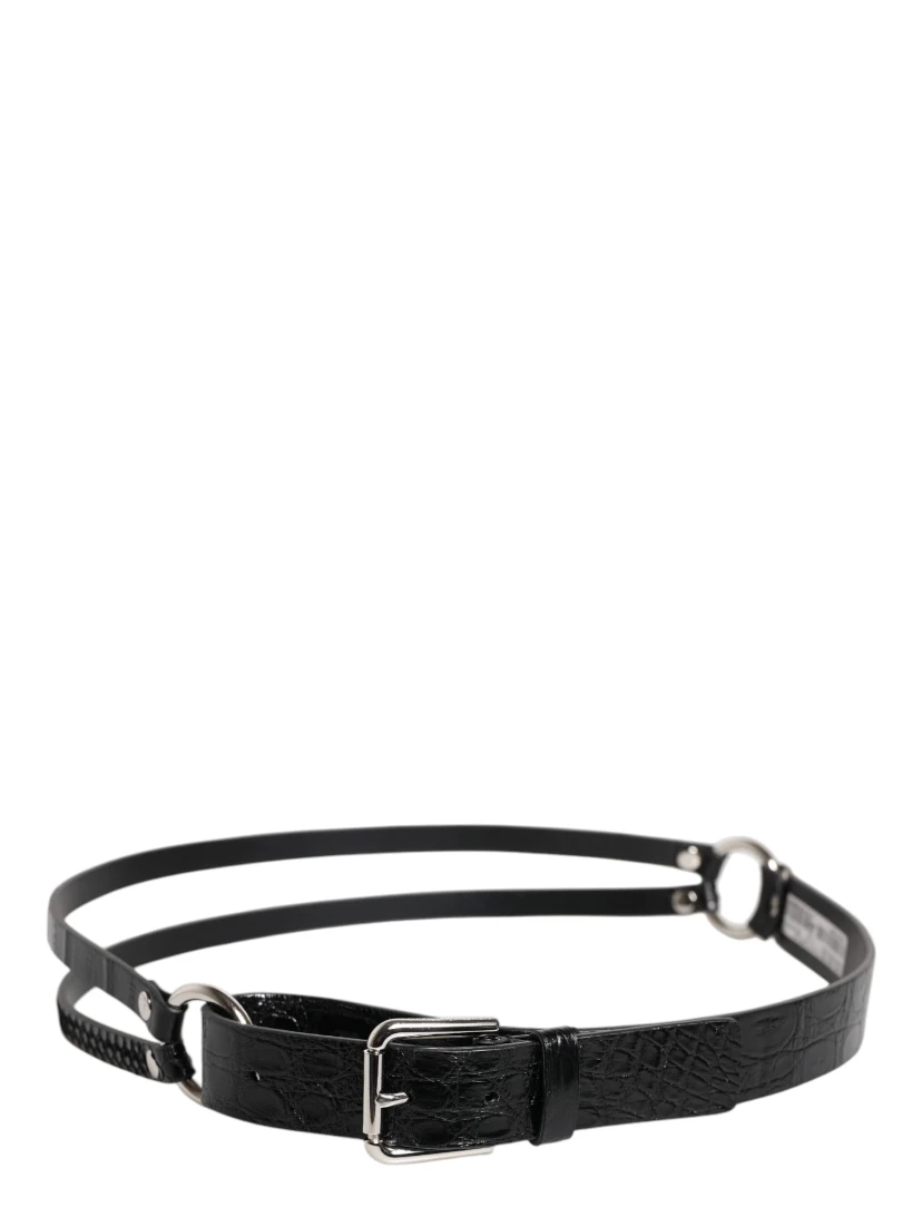 Black Exotic Leather Metal Logo Buckle Belt