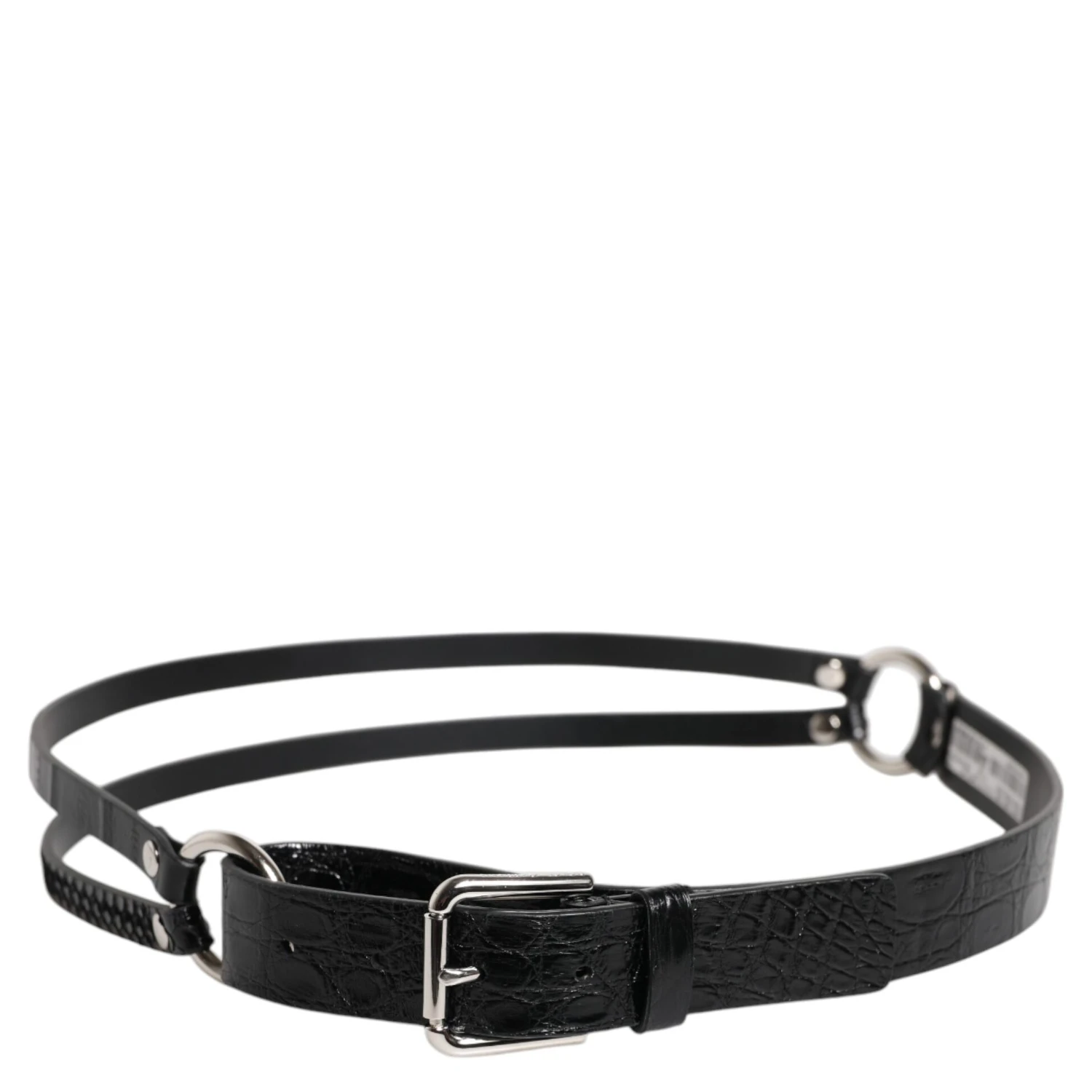Black Exotic Leather Metal Logo Buckle Belt