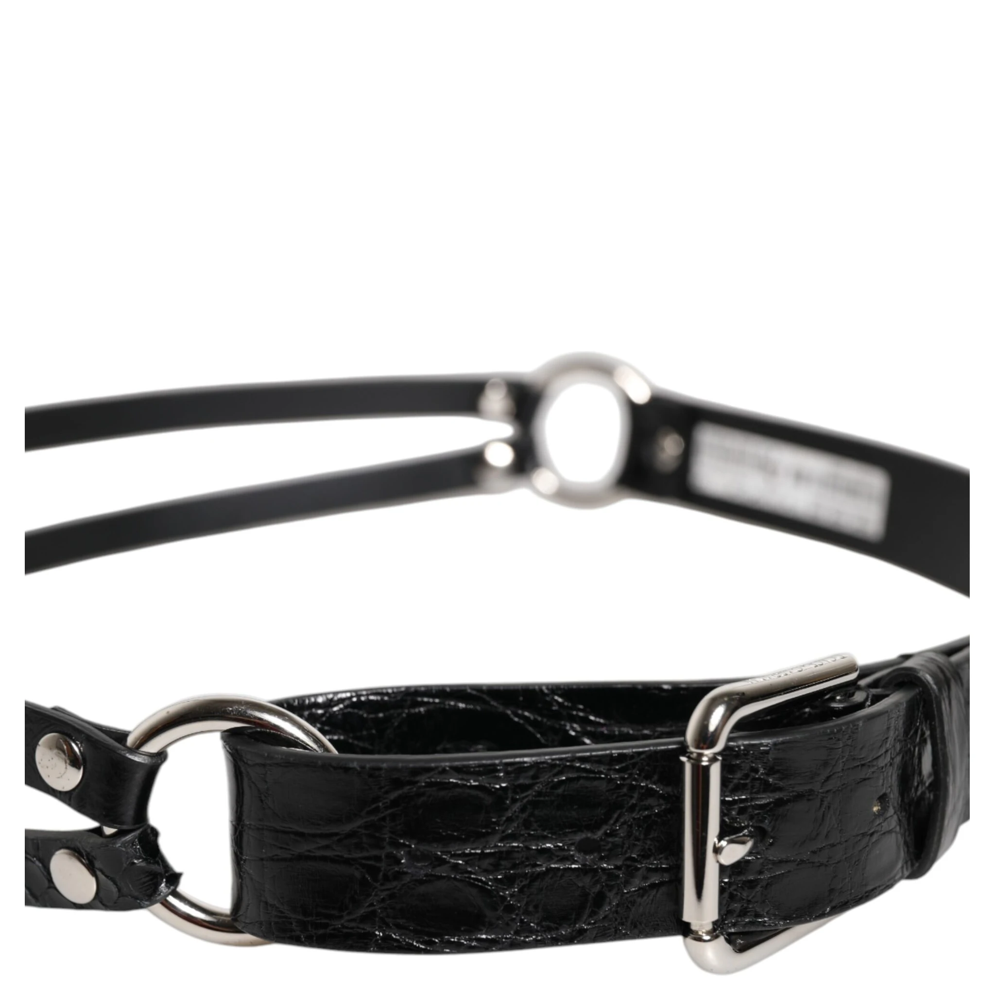 Black Exotic Leather Metal Logo Buckle Belt