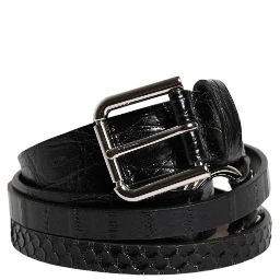 Black Exotic Leather Metal Logo Buckle Belt