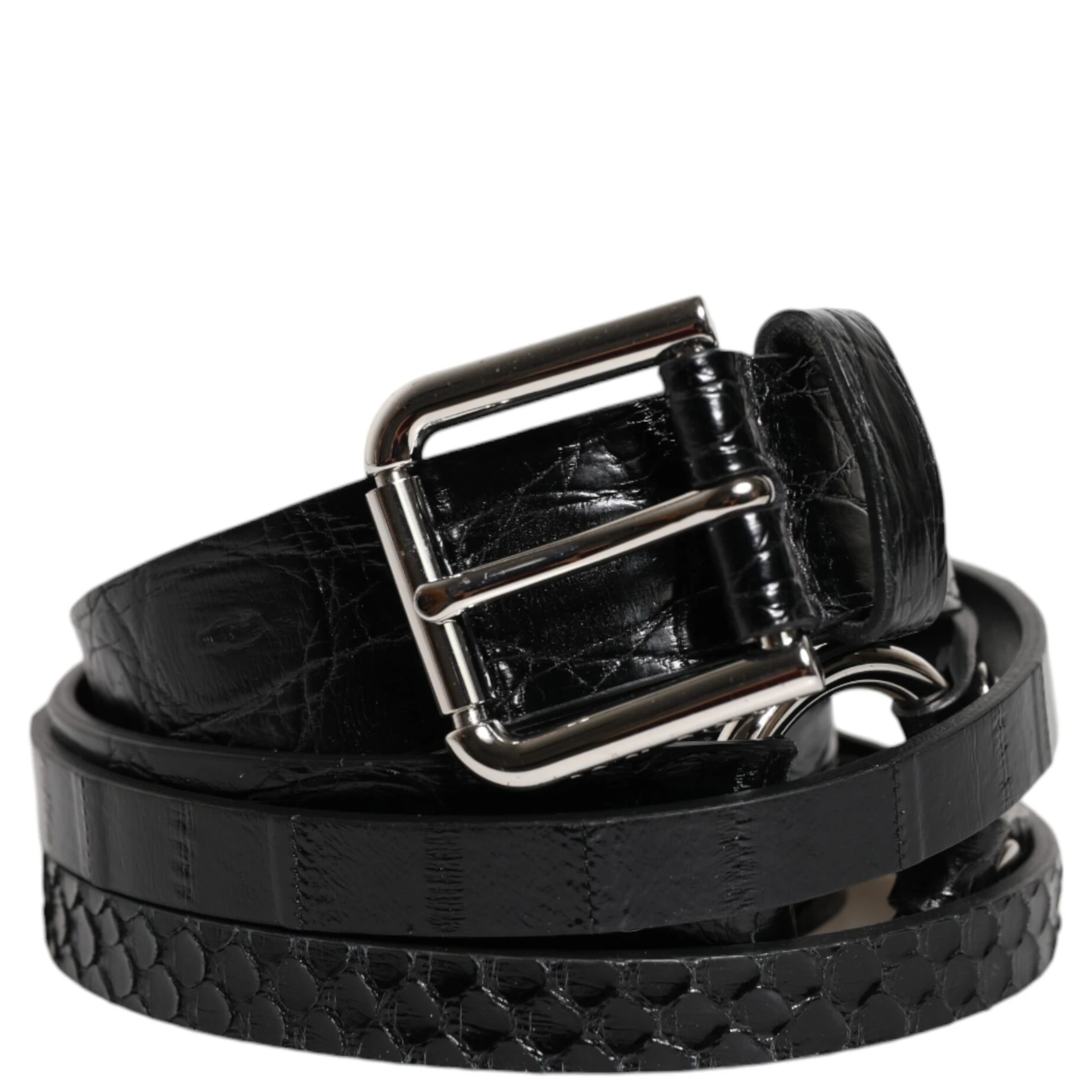 Black Exotic Leather Metal Logo Buckle Belt