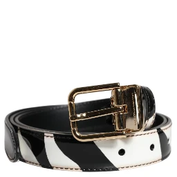 Black White Zebra Gold Metal Logo Buckle Belt