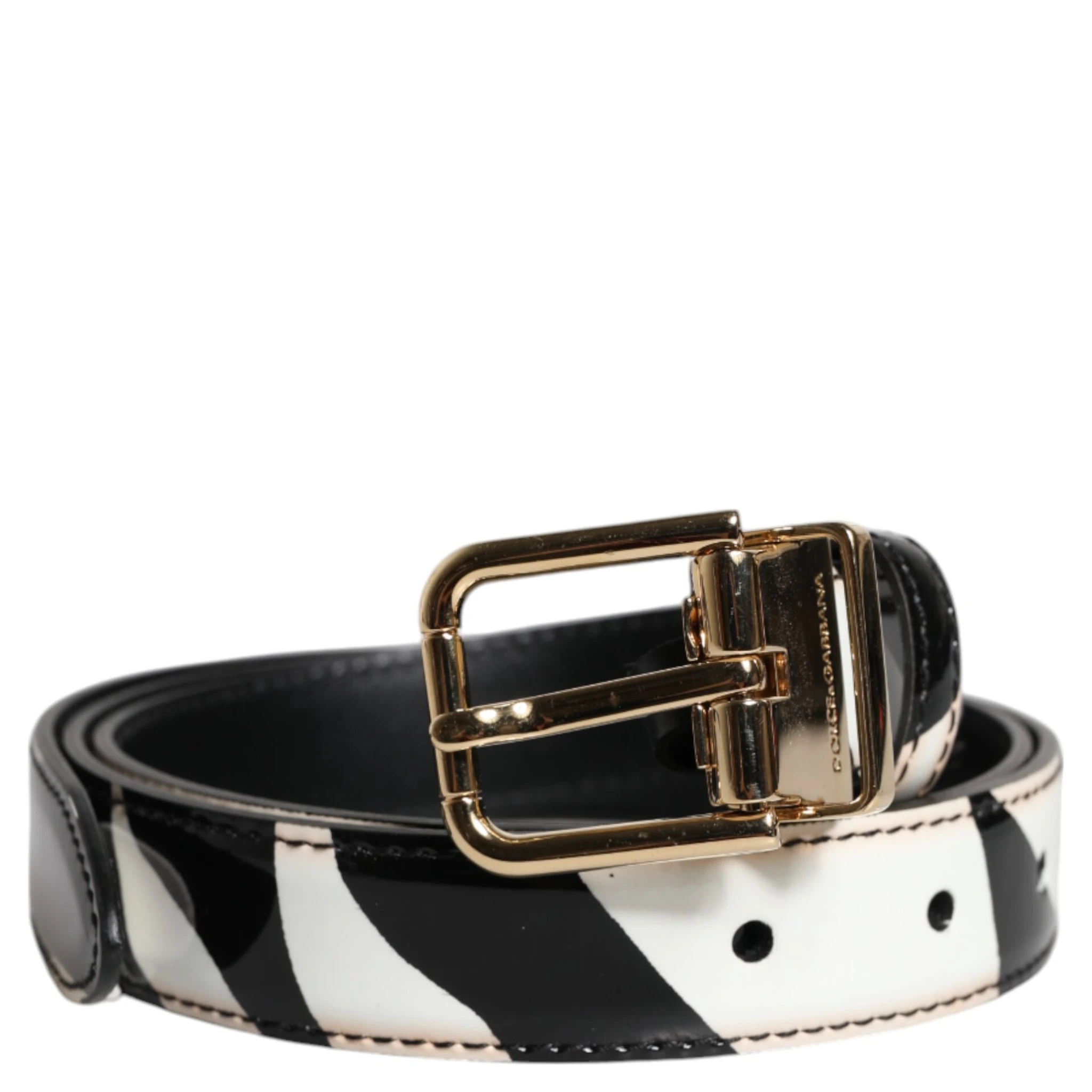 Black White Zebra Gold Metal Logo Buckle Belt