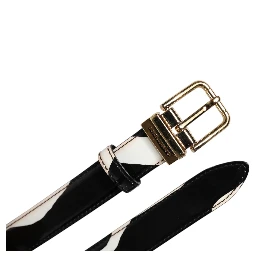 Black White Zebra Gold Metal Logo Buckle Belt