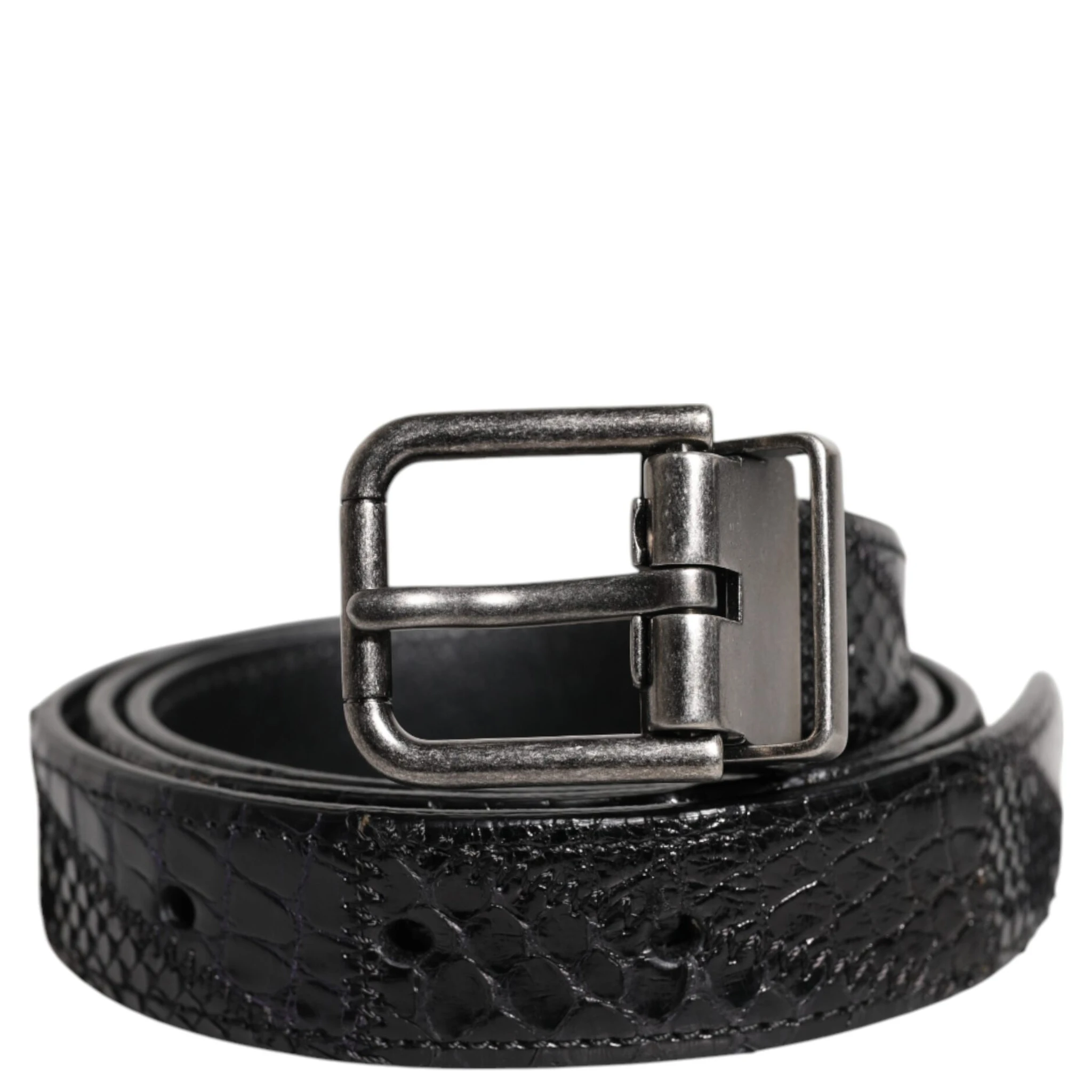 Black Exotic Leather Metal Logo Buckle Belt