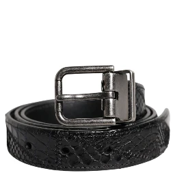 Black Exotic Leather Metal Logo Buckle Belt