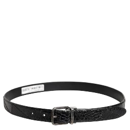 Black Exotic Leather Metal Logo Buckle Belt