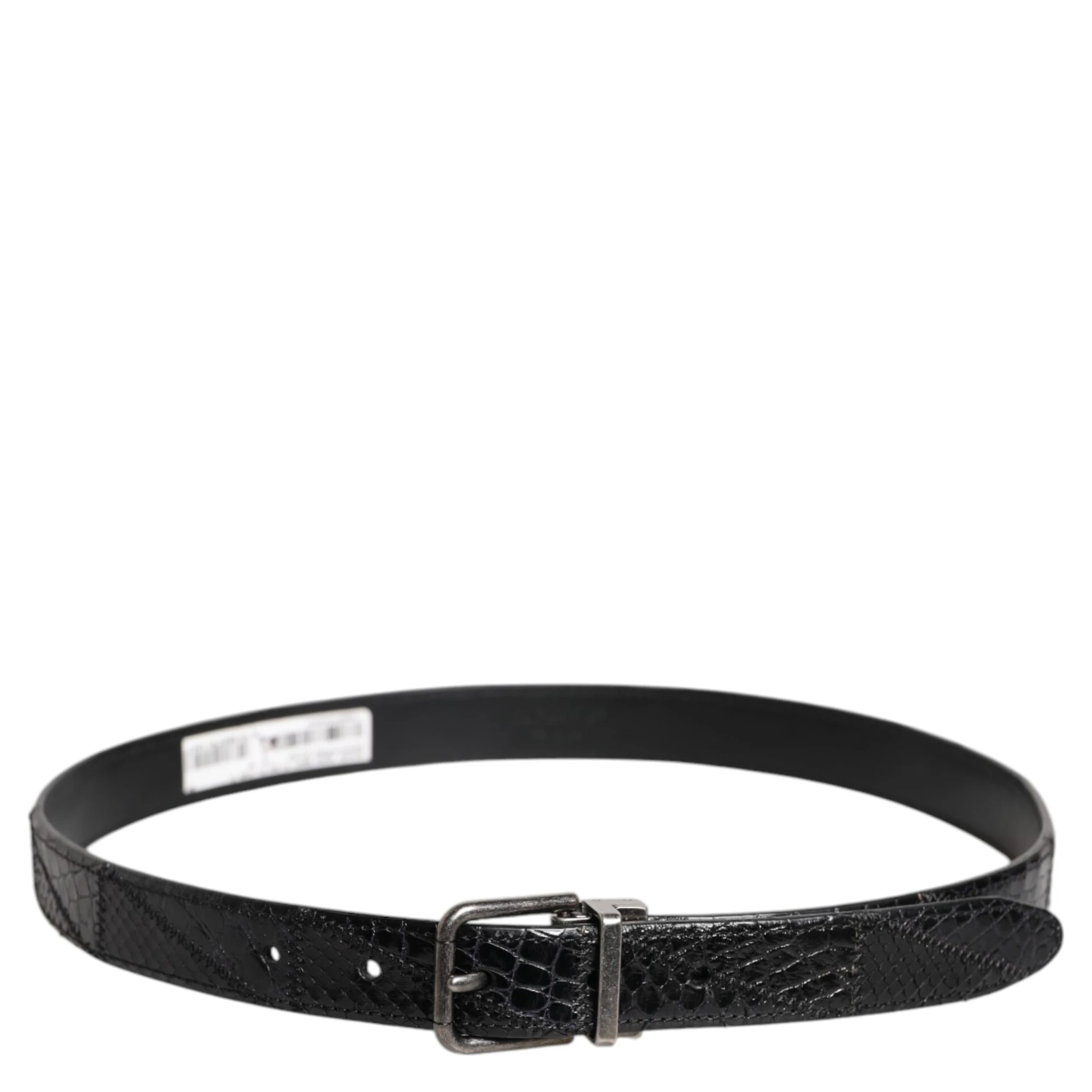 Black Exotic Leather Metal Logo Buckle Belt