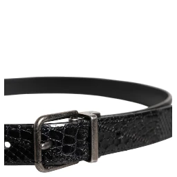 Black Exotic Leather Metal Logo Buckle Belt