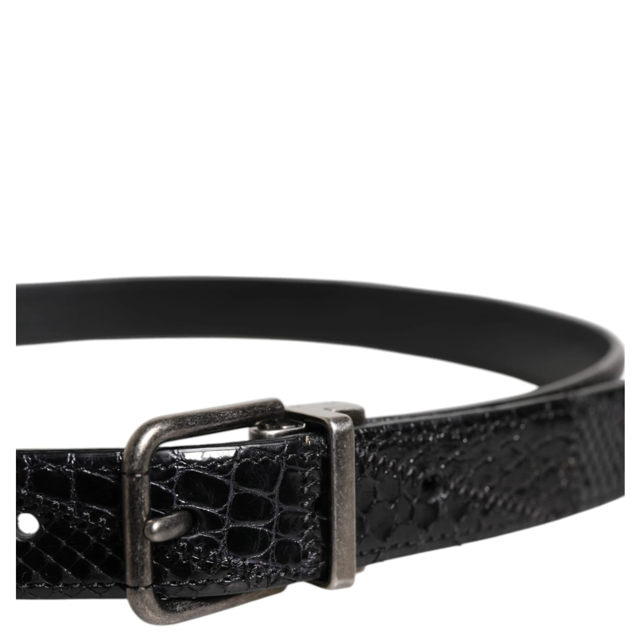 Black Exotic Leather Metal Logo Buckle Belt