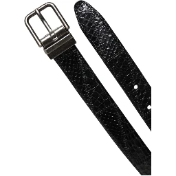 Black Exotic Leather Metal Logo Buckle Belt