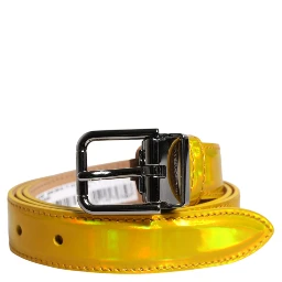 Metallic Yellow Leather Metal Logo Buckle Belt