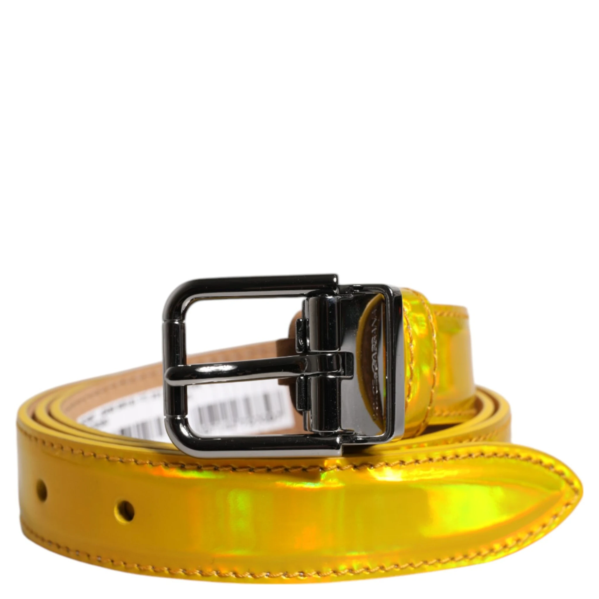 Metallic Yellow Leather Metal Logo Buckle Belt
