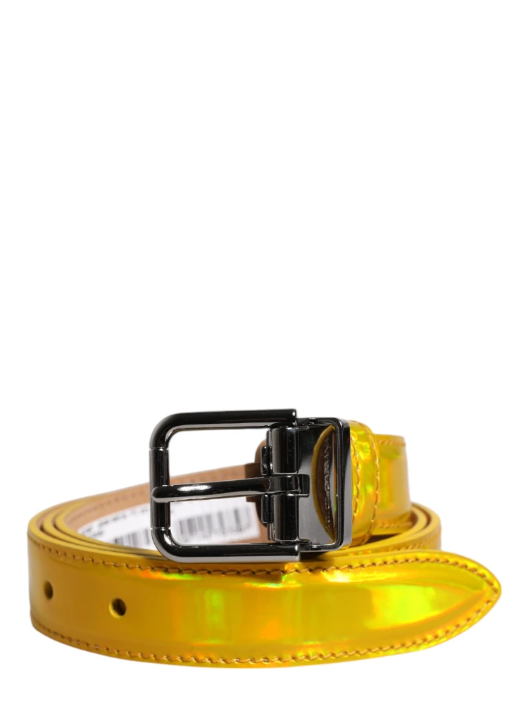 Metallic Yellow Leather Metal Logo Buckle Belt alternative