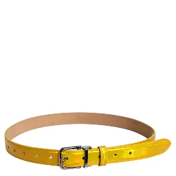 Metallic Yellow Leather Metal Logo Buckle Belt