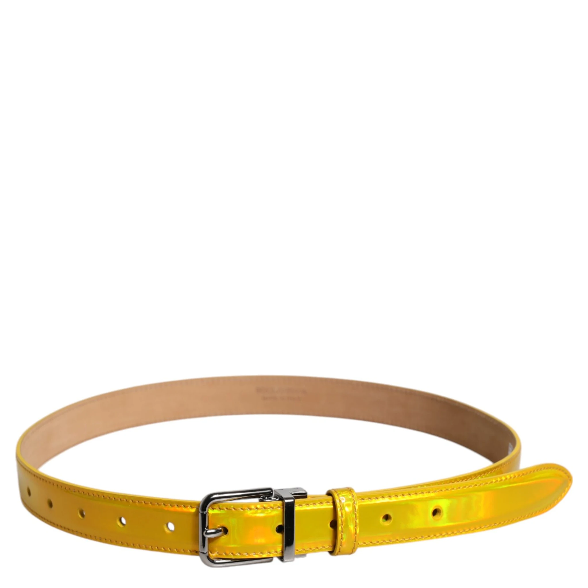 Metallic Yellow Leather Metal Logo Buckle Belt