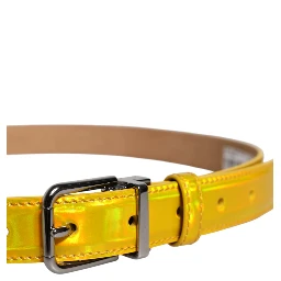 Metallic Yellow Leather Metal Logo Buckle Belt