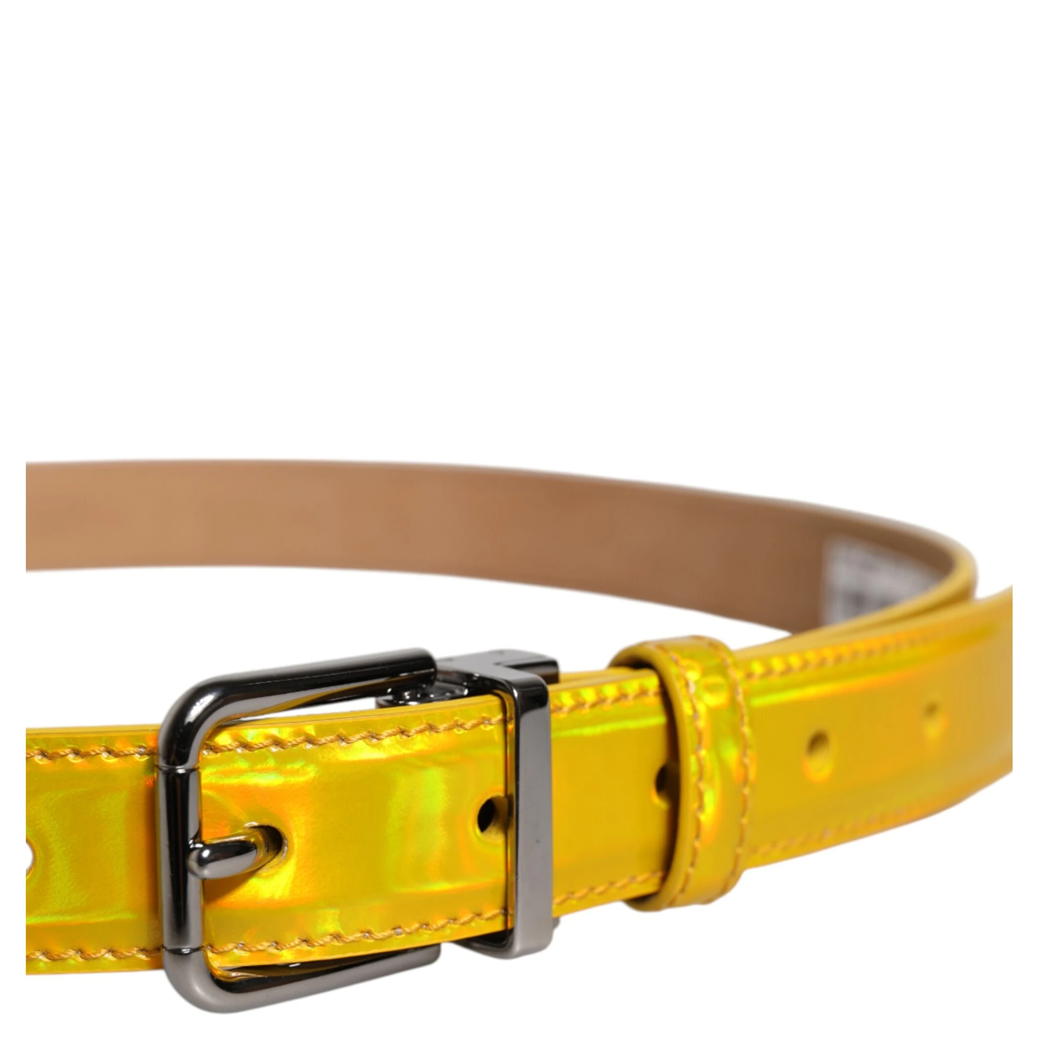 Metallic Yellow Leather Metal Logo Buckle Belt