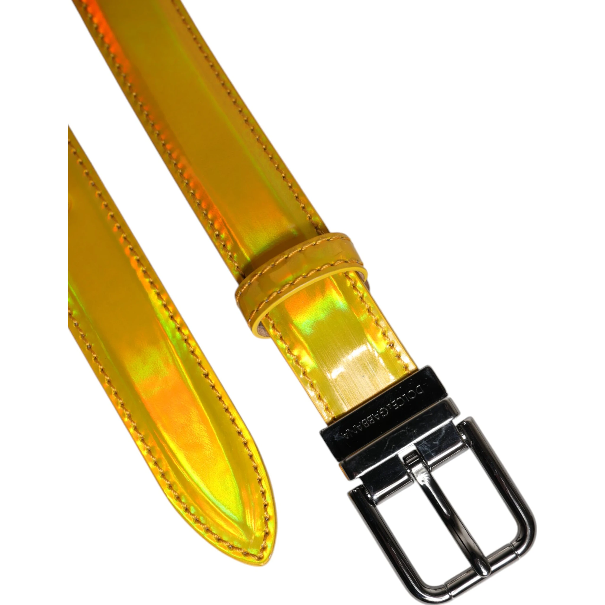 Metallic Yellow Leather Metal Logo Buckle Belt
