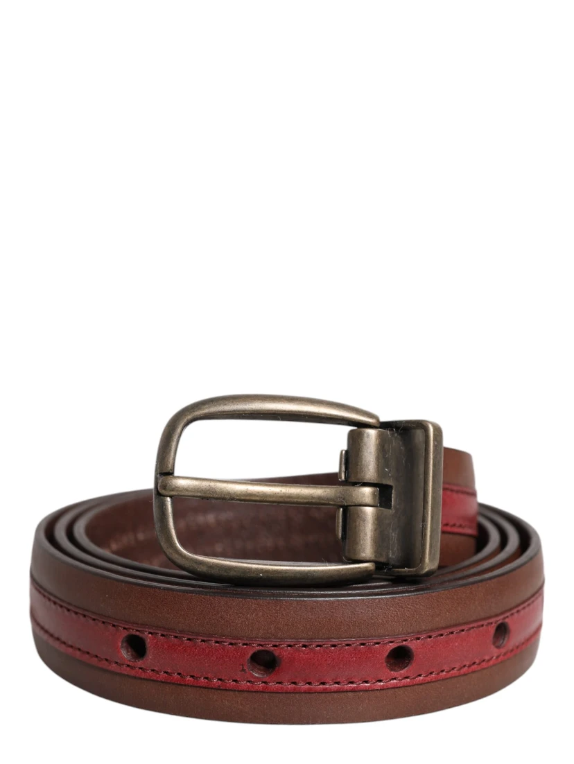 Burgundy Leather Metal Logo Buckle Belt